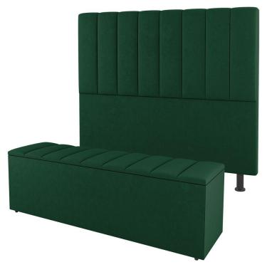 Imagem de Kit Cabeceira E Baú Cama Box Casal Cora 140Cm Suede Verde