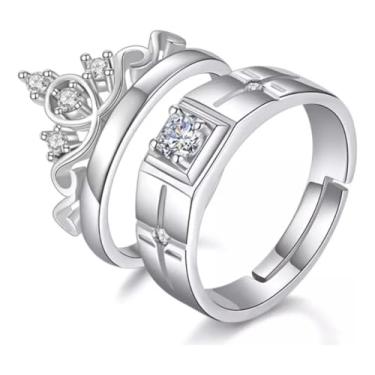 Imagem de Par de Anéis Coroa Solitário Elegantes Femininas Acabamento Prateado com Pedras Brilhantes Moda