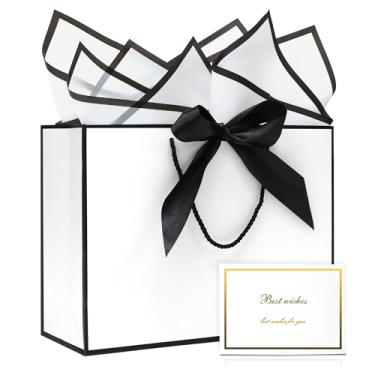 Imagem de KeerxunBag Conjunto de presente tudo-em-um: Saco de presente branco elegante com alças de fita, cartão de felicitações e papel de seda - perfeito para aniversário, casamento, dia das mães 32 x 11 x 25