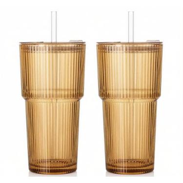 Imagem de SIPBYSOP 2 peças de copos de vidro com nervuras com tampas e canudos, copos vintage de 590 ml, copos de café gelado estéticos, copo de vidro para Boba, cerveja, chá, coquetéis, conjunto de vidro
