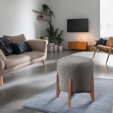 Imagem de Puff Estofado Decorativo Sala Redondo Luxo Londres Linho Cinza