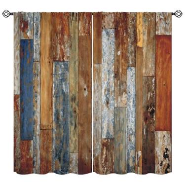Imagem de Cortinas de madeira rústica, porta de celeiro antigo, tratamentos de janela de casa de fazenda, cortinas com isolamento térmico, bolso para varão, conjuntos de 2 painéis para quarto, sala de estar