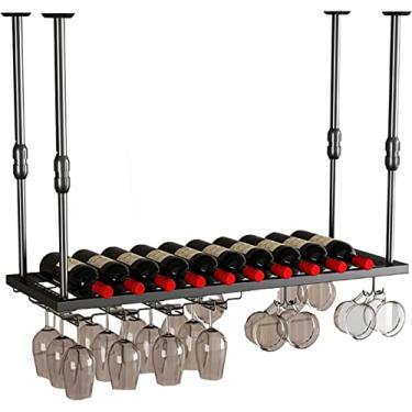 Imagem de Suporte para garrafa de vinho Suporte de garrafa de vinho para pendurar no teto rack de vinho suporte de armazenamento de vinho com suporte de taças, altura ajustável preto montado na parede garrafa