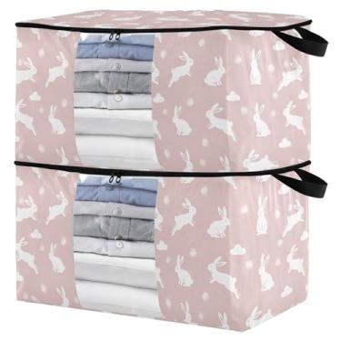 Imagem de Burbuja Bolsa de armazenamento de roupas de coelho com tampas e alça, embalagem com 2 recipientes de armazenamento de cobertor dobrável com zíper resistente e janela transparente para armário de