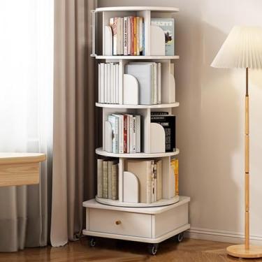 Imagem de Estante de livros com gaveta de armazenamento | Estante rotativa de canto | Estante giratória de 5/6 camadas com tela 360 com rodas de freio para quarto e sala de estar