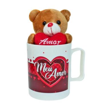 Imagem de Caneca de plástico 400ml com ursinho de poliester ventosa chaveiro - F