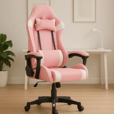 Imagem de Cadeira Gamer C7 Neo Ergonômica com Almofadas de Cabeça e Lombar, Design Resistente - Rosa e Branca