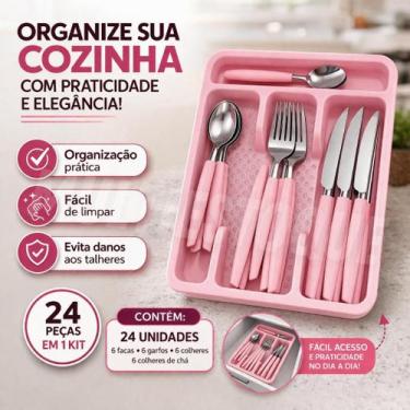 Imagem de Jogo Talheres 24 Peças Rosa com Organizador Gaveta - Fullcommerce