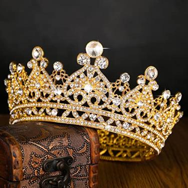 Imagem de KRDADELF Coroa Queen Ouro para Mulheres Meninas, Cravos Redondos Cravos Barrocos Princesa Tiara Royal Fantasia para Casamento Festa de Aniversário Formatura Desfile Dia das Bruxas 13 cm