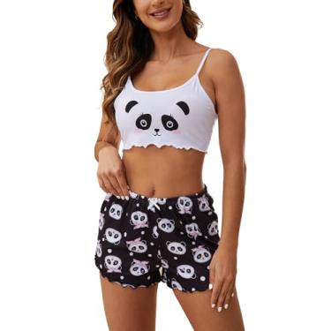 Imagem de VENTELAN Pijama feminino com estampa de desenho animado e acabamento de alface, conjunto de pijama fofo, P-GG, Panda-branco, P