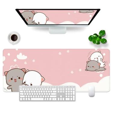 Imagem de Tapete de rato para jogos rosa gato grande tapete de rato acessórios de mesa de escritório XL tapete de mesa engraçado 80 x 30 x 0,3 cm tapete de mesa bonito Kawaii teclado pad (gato fofo -6)