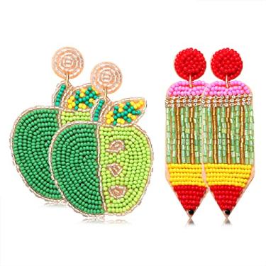 Imagem de HZEYN 2 pares de brincos de professor para mulheres com contas de Apple Pencil Drop Dangle Brincos Engraçados De Volta às Aulas Joias Presentes para o Professor A, contas, não sabe