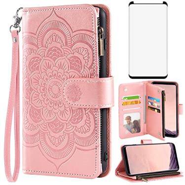 Imagem de Asuwish Capa carteira compatível com Samsung Galaxy S8 Plus e protetor de tela de vidro temperado flor flip porta-cartão capa de celular para Glaxay S8plus S 8 8plus 8S Edge S8+ SM-G955U feminino ouro