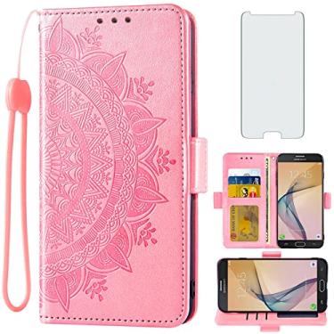 Imagem de Asuwish Capa de telefone para Samsung Galaxy J7 Prime 2016/On7/J7Prime 2/On Nxt/On7 Prime, capa protetora de tela de vidro temperado, suporte de cartão, alça de pulso flip celular SM-G610F SM-G611F SM