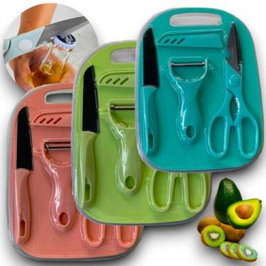 Imagem de Kit Facas Tesoura Descascador Tábua Coloridos de Cozinha Aço Inoxidáve