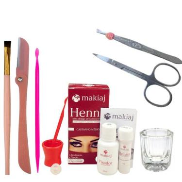 Imagem de Kit Henna Makiaj Design Sobrancelhas Pincel Navalha Tesoura Palito Dos