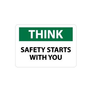 Imagem de NMC Placa TS135AB THINK – SAFETY STARTS WITH YOU – Placa de prevenção de acidentes de alumínio padrão de 35,5 x 25,4 cm com texto branco/preto na base verde e branca