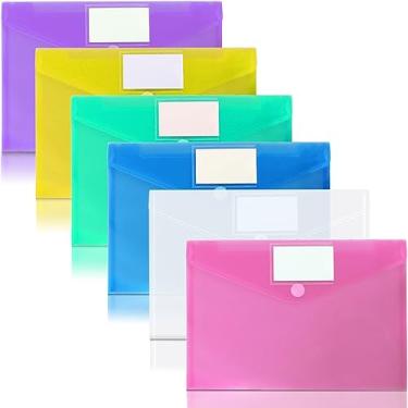 Imagem de OUTYLTS Pacote com 6 envelopes de plástico para arquivamento, pastas de documentos transparentes tamanho A4, envelopes de arquivo com bolso para etiqueta e botão de colar para escola, casa, trabalho, escritório, 6 cores sortidas