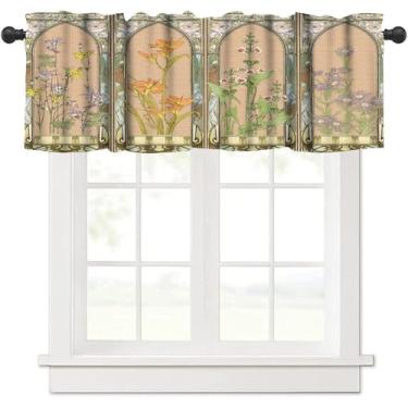 Imagem de GoDazzling Cortina de cozinha floral retrô anos 60S 70S, saia para janela, para quarto, sala de estar, banheiro, 1 painel L 137 x C 45 cm