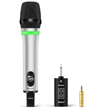 Imagem de Bietrun Microfone sem fio recarregável, alcance de 168 m, microfone Bluetooth sem fio (funciona 7 horas) com saída de 1/10.2 cm, microfone dinâmico de metal UHF para máquina de karaokê/sistema de