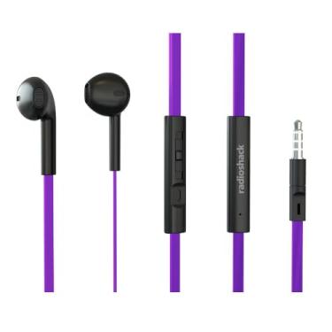 Imagem de Fones de ouvido estéreo RadioShack com cabo, fones de ouvido com fio com microfone e botões de controle de volume, pontas de silicone macio para uso prolongado confortável e ajuste seguro, roxo e