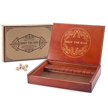 Imagem de AMEROUS Jogo de dados Shut The Box, jogo de matemática de mesa de madeira com tampa - 6 dados - pacote de presente - regras para fechar a caixa, jogo de tabuleiro clássico para crianças e adultos, sala de aula, casa ou pub, 12 números
