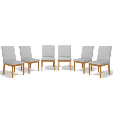 Imagem de Kit Com 6 Cadeiras Daniela Madeira Maciça Estofada Para Mesa De Jantar Detalhe De Madeira Nas Costas Linho Cinza 407