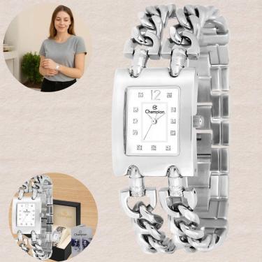 Imagem de Relógio de Pulso Champion Feminino Elegante Quadrado Analógico Resistente à água3 ATM Social Fashion Prata CF24742Q