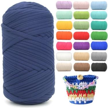 Imagem de Camiseta de 400 g para crochê, azul marinho, tecido elástico macio, grosso, fio de crochê para crochê, tricô iniciante, tricô à mão, para bolsa/artesanato faça você mesmo/decoração de casa - azul