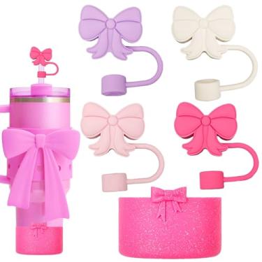 Imagem de SCRMROIA Capas de canudo de silicone e conjunto de botas de garrafa de água com laço de glitter, topos servem para canudos de 10 mm, capa protetora compatível com Stanley de 590 a 1,18 l e garrafas de