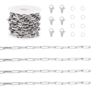 Imagem de Spritewelry Kit de corrente retangular de elos de aço inoxidável de 4,6 m com 20 fechos de garra de lagosta e 30 anéis de salto para fazer joias, artesanato DIY