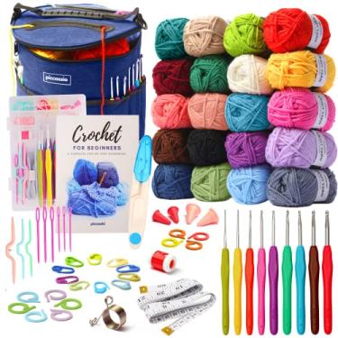Imagem de Piccassio Kit de crochê para iniciantes – Conjunto completo para adultos e adolescentes com 20 cores de fios, ganchos, livros e bolsa organizadora – Aprenda a fazer amigurumi, pelúcia e presentes