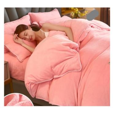 Imagem de ZDJZMGZ Conjunto de edredom queen para inverno, espesso, quente, veludo, leite, cor lisa, conjunto de 4 peças, fácil de cuidar, roupa de cama completa (rosa, 1,5 m)