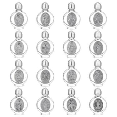 Imagem de WEBEEDY 16 estilos pequenas garrafas de água benta de vidro vazio 0,5 Floz/15 ml prata em relevo garrafa de água benta com tampa, recipiente de viagem, comunhão, decoração de igreja, presentes para
