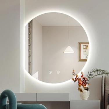 Imagem de Espelho LED Antiembaçamento Espelho de banheiro inteligente 3 cores regulável grande espelho de maquiagem 80 * 70 cm meia lua espelho de maquiagem montado na parede espelho iluminado para decoração de