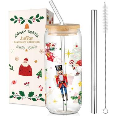 Imagem de Joeyan Copos de vidro de Natal, copo com tampa e canudo, copos de café gelado de alce quebra-nozes, copos fofos em forma de lata, presente de decoração estética para mulheres, mãe amiga, 590 ml