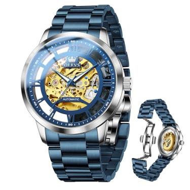 Imagem de OLEVS Relógios de pulso masculinos esqueleto, automáticos, mecânicos, luxuosos, automáticos, de aço inoxidável, à prova d'água, luminosos, 3316: pulseira azul e mostrador azul