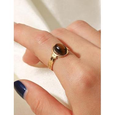 Imagem de Anel de olho de tigre vintage para mulheres, anel aberto de pedra oval ajustável, joia boho chique de aço inoxidável, presente exclusivo para mãe, aniversário da esposa, dia dos namorados