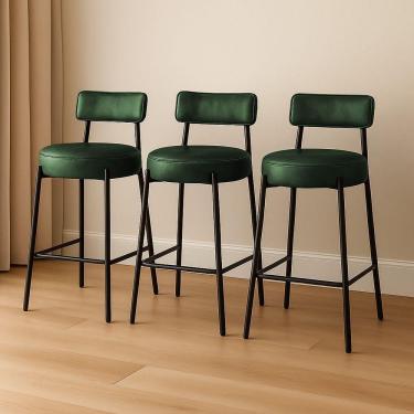 Imagem de Banqueta Cozinha Alta Com Encosto Industrial Preto Kit 3 Londres Pu D03 - D'rossi Cor Verde