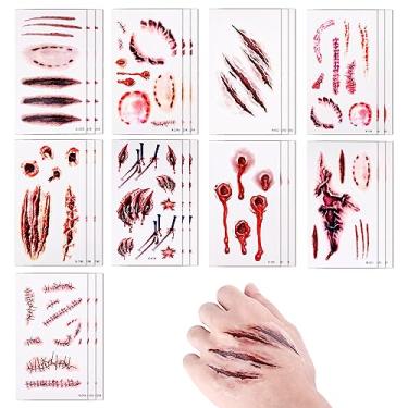 Imagem de 27 folhas de adesivos de tatuagem temporária de Halloween, tatuagem de sangue à prova d'água, cicatriz de Halloween, terror, tatuagem temporária para adultos para lembrancinhas de festa