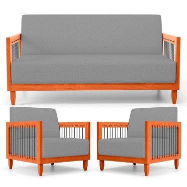 Imagem de Kit 02 Poltronas E 01 Sofá Samoa Madeira Maciça Com Cordas Náutica Linho Cinza - Abmaza