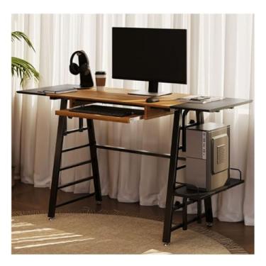 Imagem de HGTRH Mesa de computador, mesa de trabalho de PC com painéis laterais ajustáveis de dupla face para armazenamento, bandeja de teclado de gaveta aberta, moldura de aço espesso, mesa de laptop, mesa de