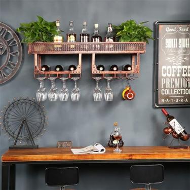 Imagem de HGTRH Suporte para garrafa de vinho montado na parede, prateleira de vinho de ferro, estilo moderno, suporte de vinho montado na parede, preto, 2 laços para armazenamento de vinho/prateleira flutuante