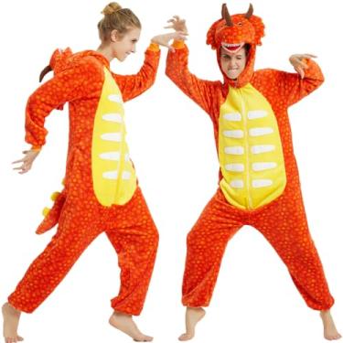 Imagem de Plustrong Fantasia de dinossauro adulto macacão feminino masculino peça única tricerátopo fantasia de Halloween, Laranja, P