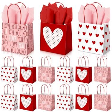 Imagem de Silkfly Pacote com 24 mini sacos de presente de dia dos namorados a granel com papel de seda 12 x 12 x 7 cm, sacos de presente de coração vermelho para dia dos namorados com alças para festas, aulas