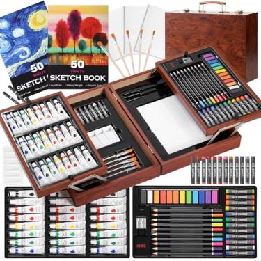 Imagem de Color More Conjunto de arte, kit de desenho de luxo com tintas acrílicas, blocos de desenho, giz de cera, conjunto de lápis de cor, conjunto de tinta aquarela em caixa de arte de madeira, artes e