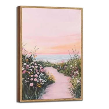 Imagem de Arte de parede paisagem costeira rosa emoldurada primavera flores silvestres céu praia pintura decoração de parede moderna sonhadora estética oceano imagem arte para quarto, sala de estar, escritório