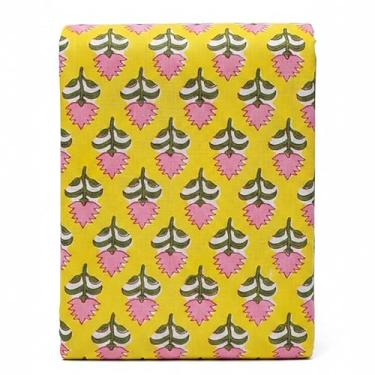 Imagem de Parafuso de tecido de algodão estampado em bloco feito à mão - corte contínuo para vestuário e cortinas - têxtil de qualidade premium - 111,8 cm de largura - 10 jardas - rosa amarelo-(BPF-207-10)