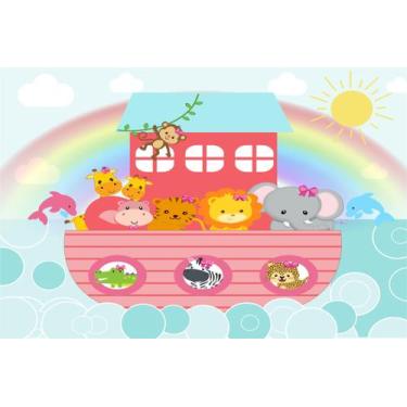 Imagem de Painel de Lona Arca de Noé Rosa Menina - Fabrika de Festa, 150x100cm