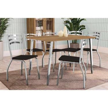 Imagem de Conjunto: Mesa Sala Jantar Iguaçu C- Tampo De Madeira + 6 Cadeiras Portugal Cromada - Courano Preto - Kappesberg